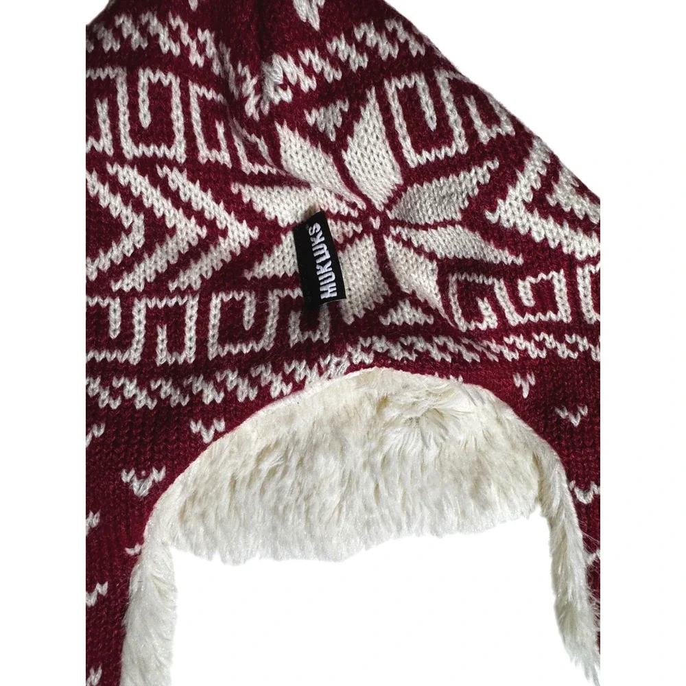 Mukluks Fair Isle Trapper Hat with Pom Poms Burgundy White Faux Fur Lined - Picture 4 of 4